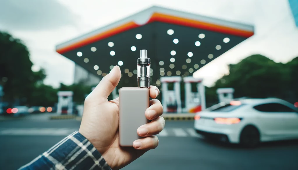 Customer holding a disposable vape in front of a gas station.