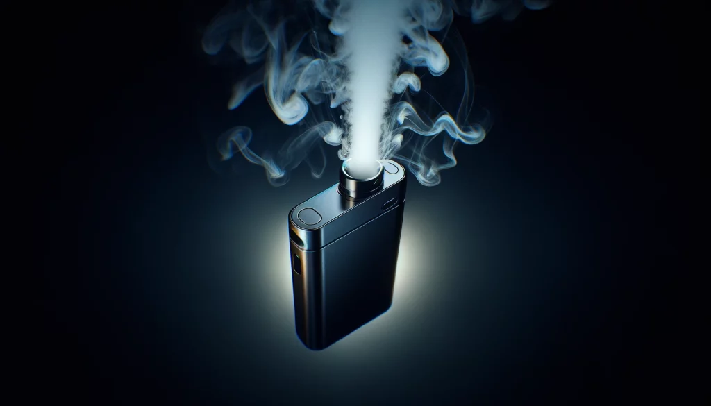 Close-up of a sleek disposable nicotine vape device emitting vapor.